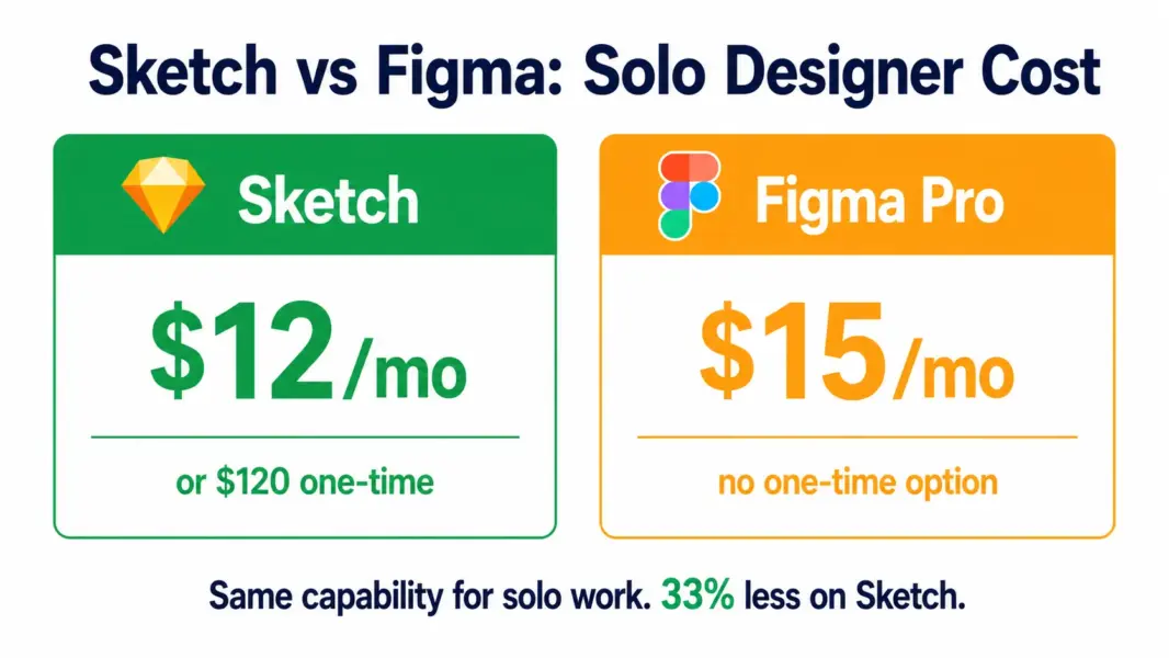 Sketch at $12 per month or $120 one-time versus Figma Professional at $15 per month for solo designers 