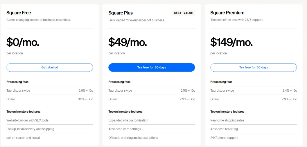 Square Online free plan showing $0 per month with unlimited products and Square payment processing