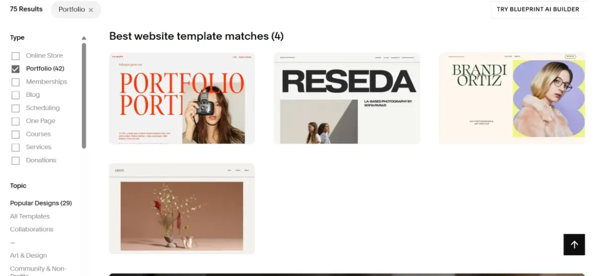 Squarespace portfolio template gallery showing professionally designed layouts for creatives
