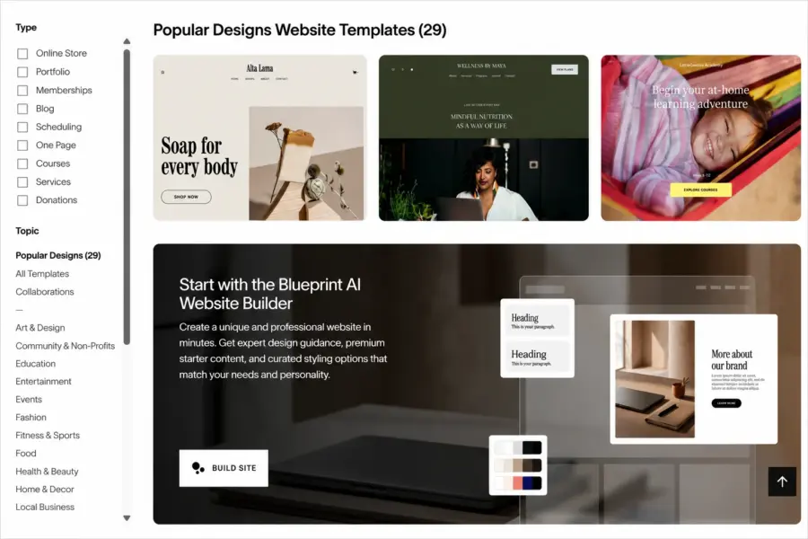 Squarespace template gallery showing polished business and portfolio designs