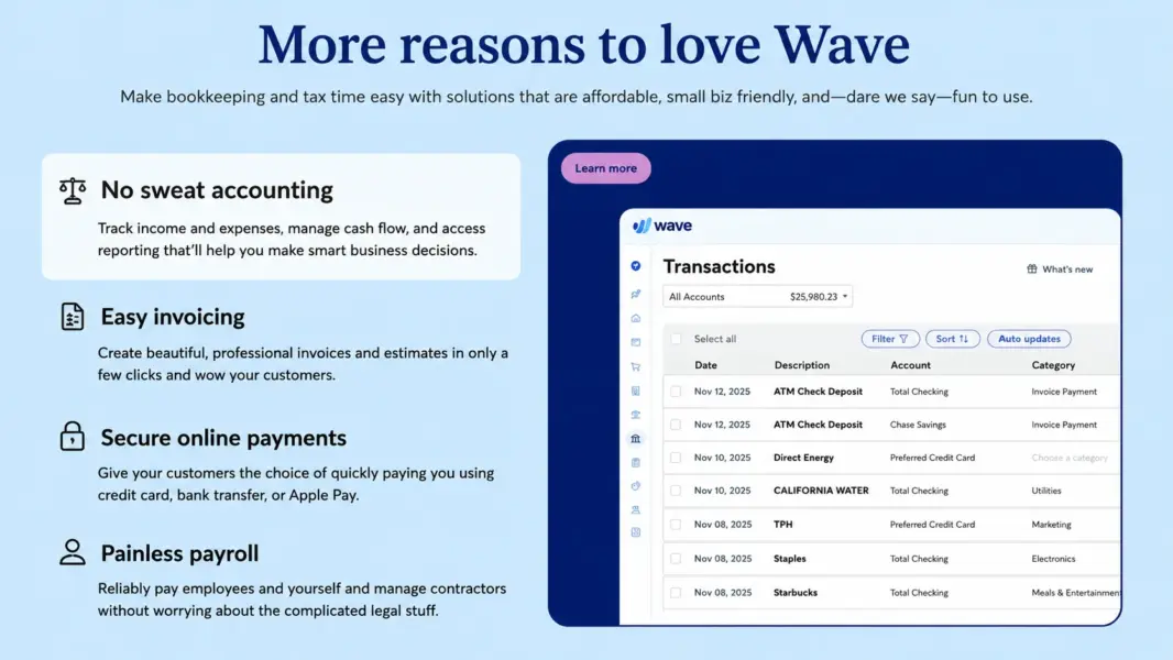 Wave accounting dashboard showing income and expense summary with clean interface designed for non-accountants