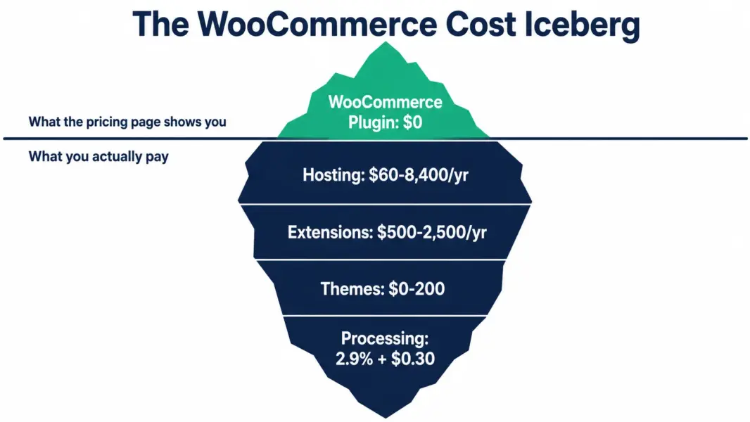 Iceberg illustration showing WooCommerce's free plugin as the visible tip above water while hosting, extensions, themes, and processing fees form the much larger hidden cost below