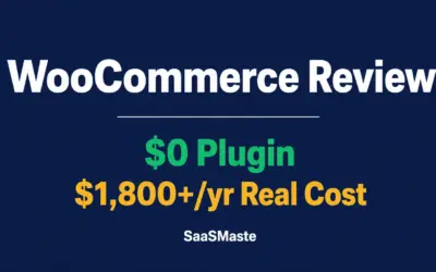 WooCommerce review by SaaSMaste showing $0 plugin cost versus $1,800-plus real annual cost