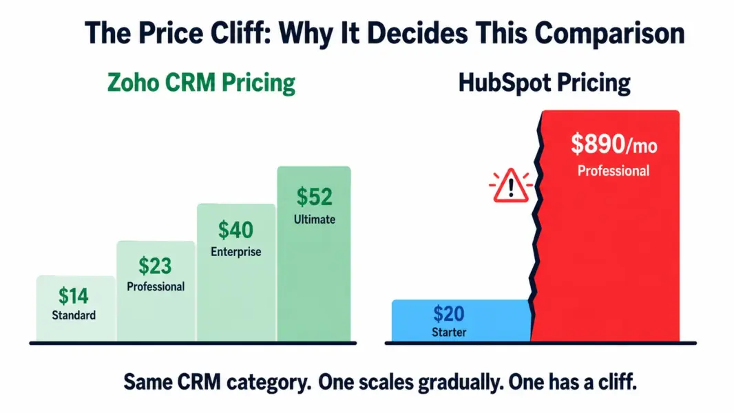 Price cliff visualization showing Zoho CRM scaling gradually from $14 to $52 per user versus HubSpot jumping from $20 per seat to $890 per month at the Professional tier